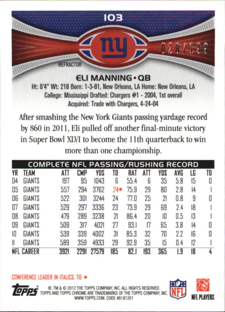 2012 Topps Chrome Blue Refractors #103 Eli Manning back image