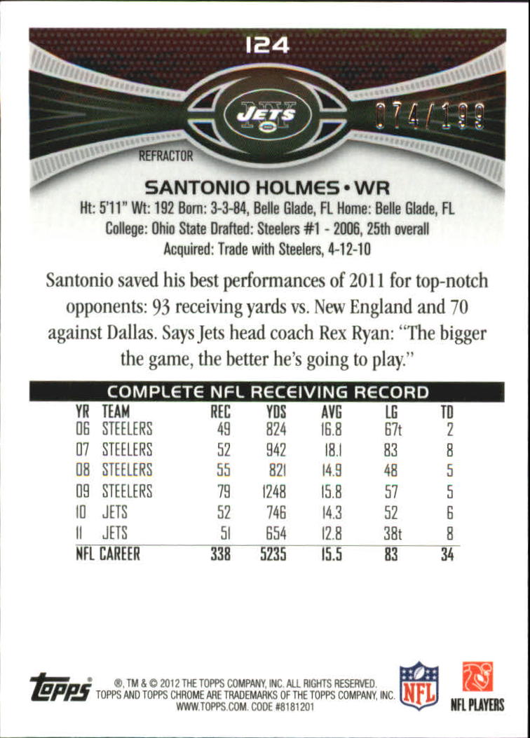 2012 Topps Chrome Blue Refractors #124 Santonio Holmes back image
