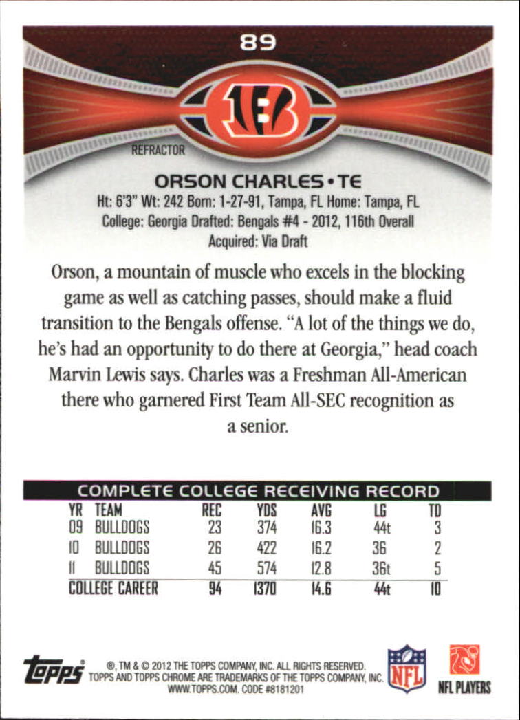 2012 Topps Chrome Orange Refractors #89 Orson Charles back image