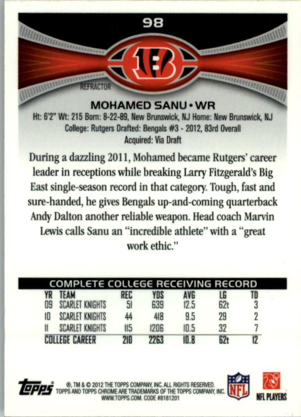 2012 Topps Chrome Orange Refractors #98 Mohamed Sanu back image