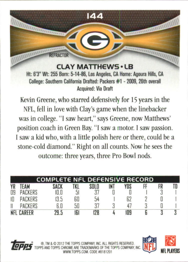 2012 Topps Chrome Xfractors #144 Clay Matthews back image