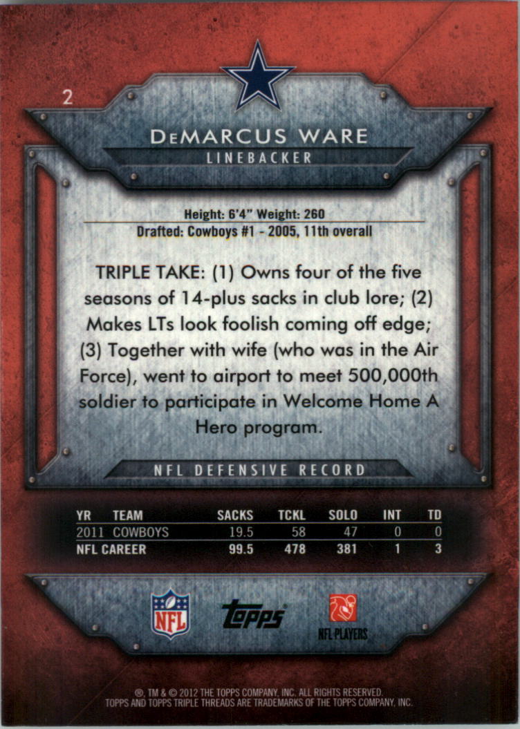 2012 Topps Triple Threads #2 DeMarcus Ware back image