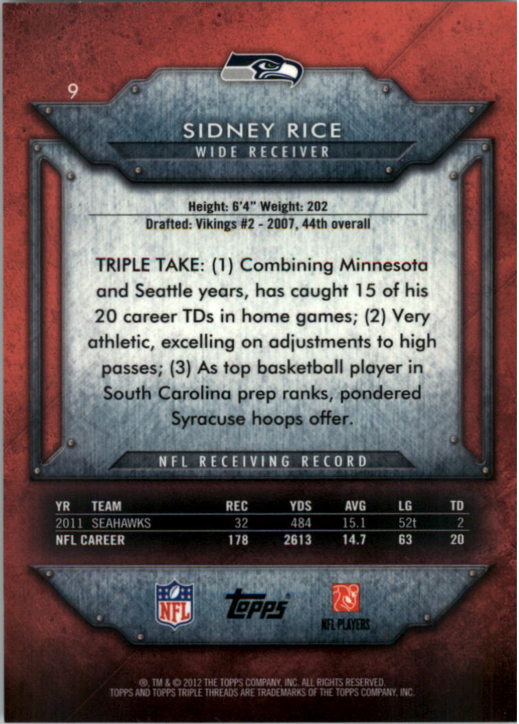 2012 Topps Triple Threads #9 Sidney Rice back image