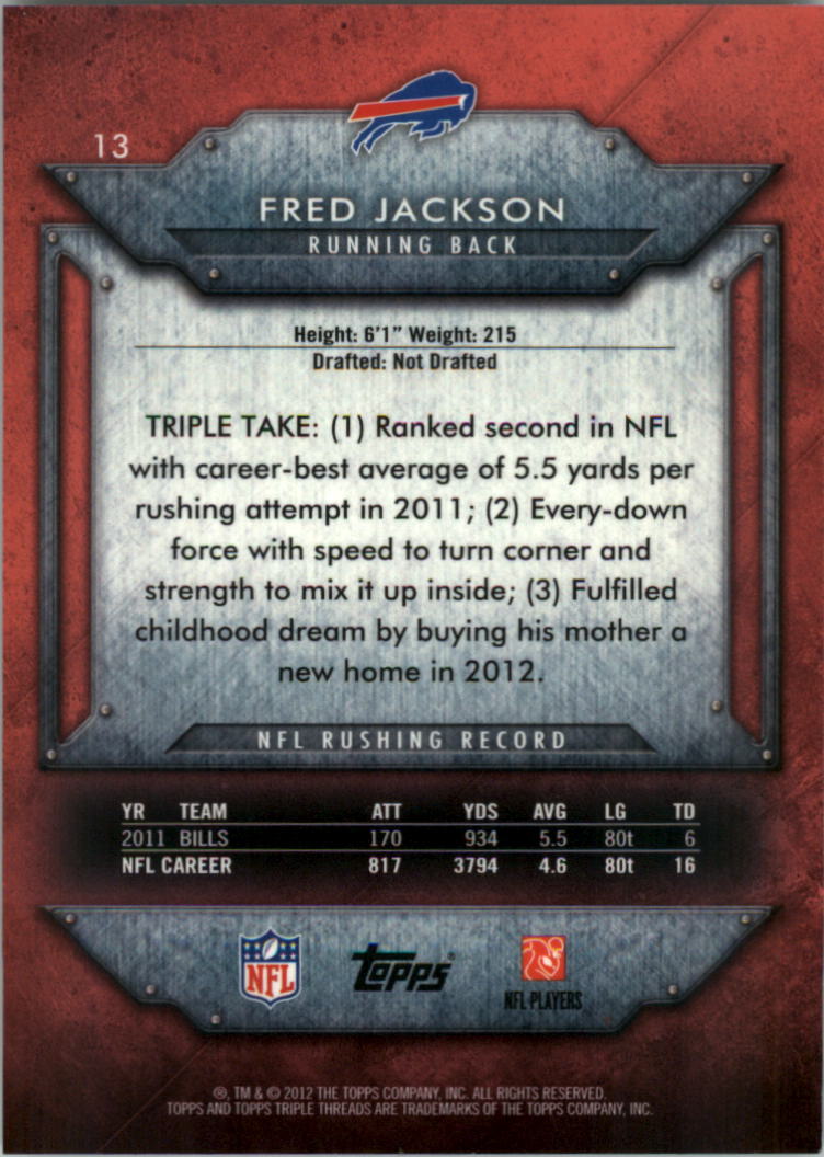 2012 Topps Triple Threads #13 Fred Jackson back image