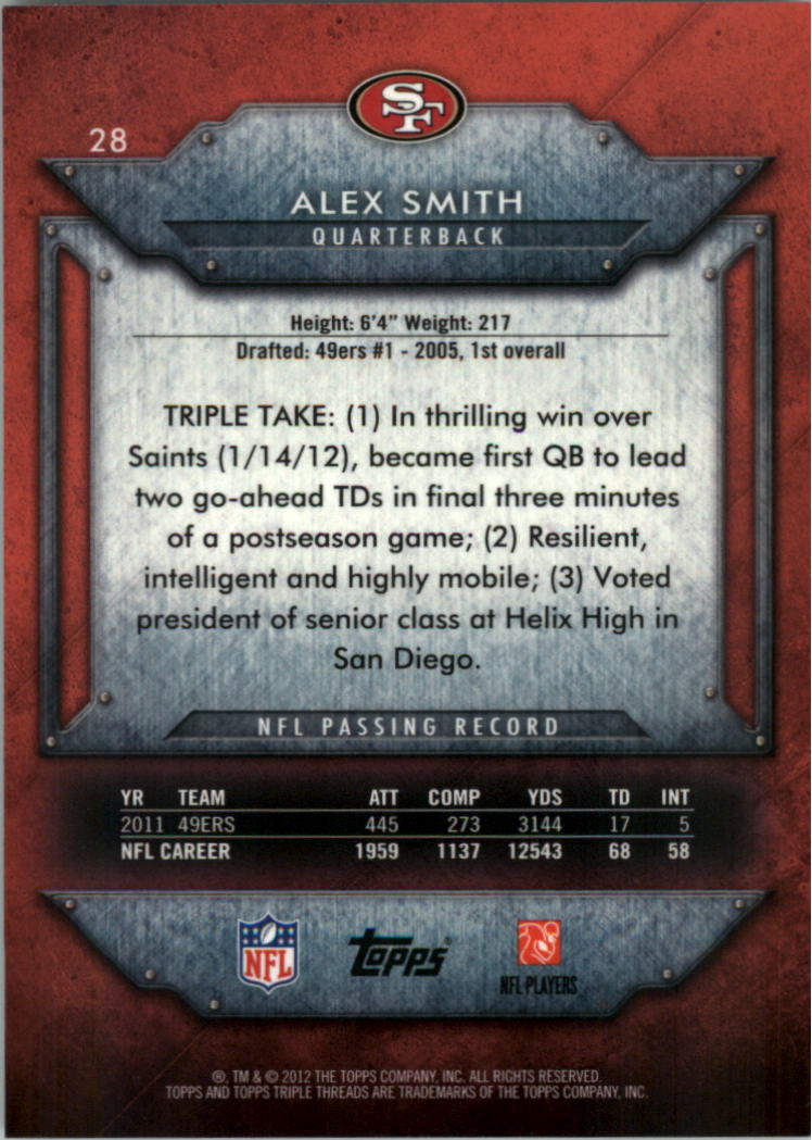 2012 Topps Triple Threads #28 Alex Smith back image