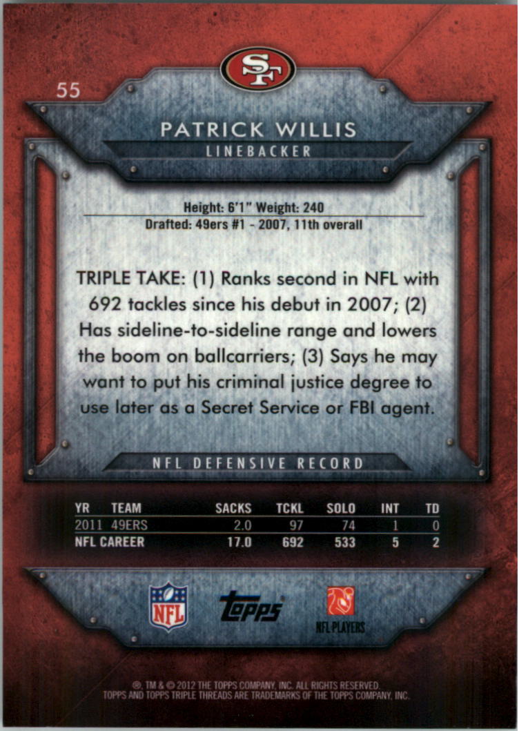 2012 Topps Triple Threads #55 Patrick Willis back image