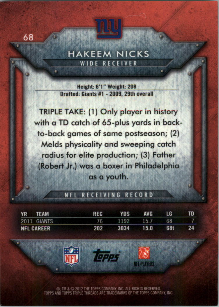 2012 Topps Triple Threads #68 Hakeem Nicks back image