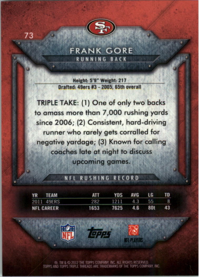 2012 Topps Triple Threads #73 Frank Gore back image
