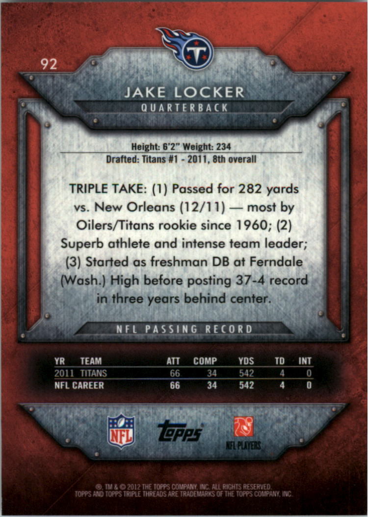 2012 Topps Triple Threads #92 Jake Locker back image