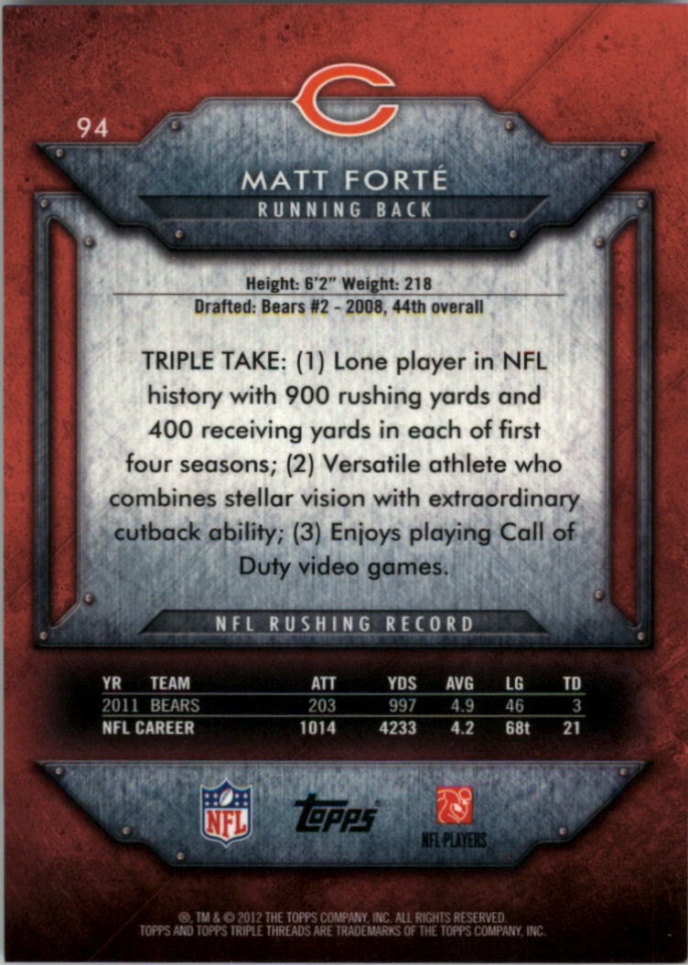 2012 Topps Triple Threads #94 Matt Forte back image