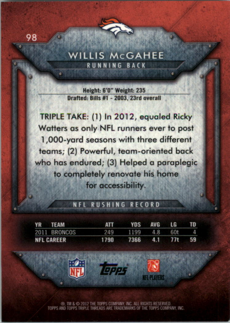 2012 Topps Triple Threads #98 Willis McGahee back image