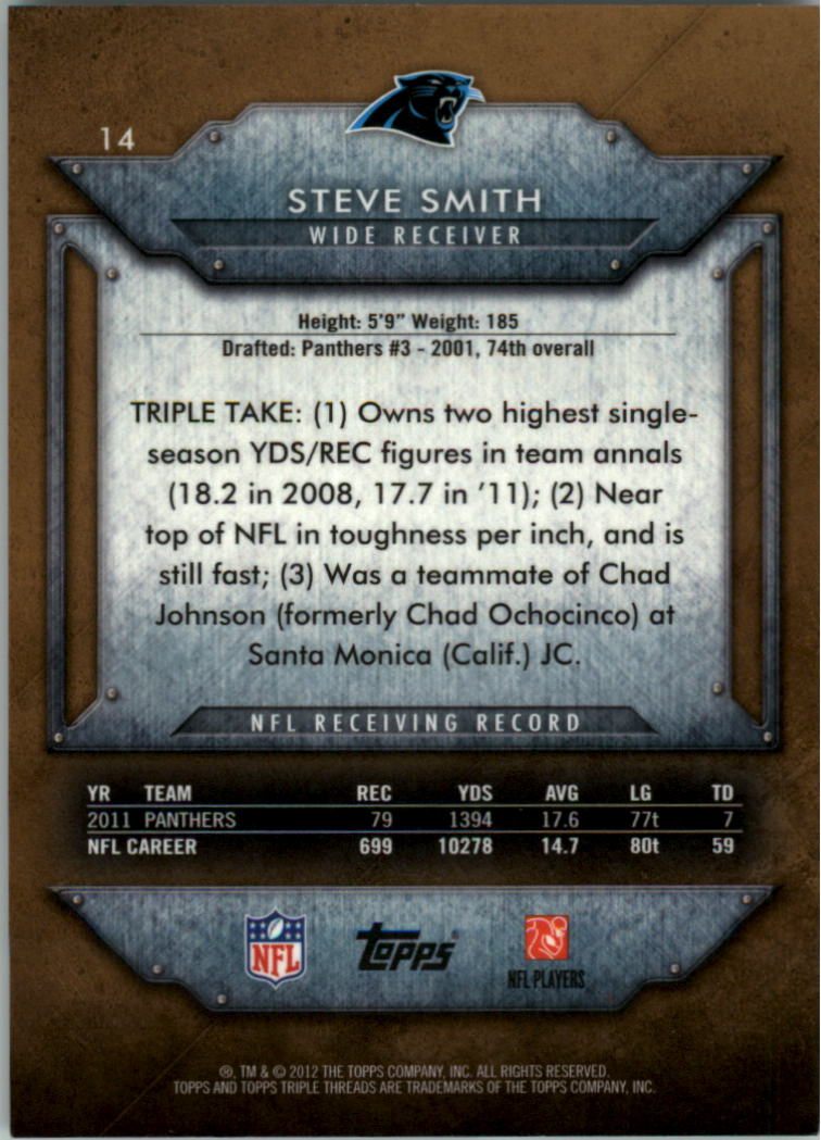 2012 Topps Triple Threads Sepia #14 Steve Smith back image