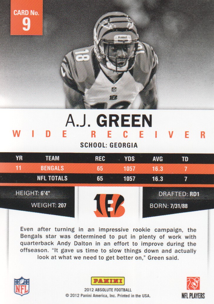 2012 Absolute #9 A.J. Green back image