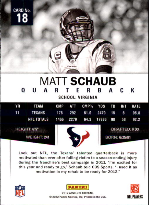2012 Absolute #18 Matt Schaub back image
