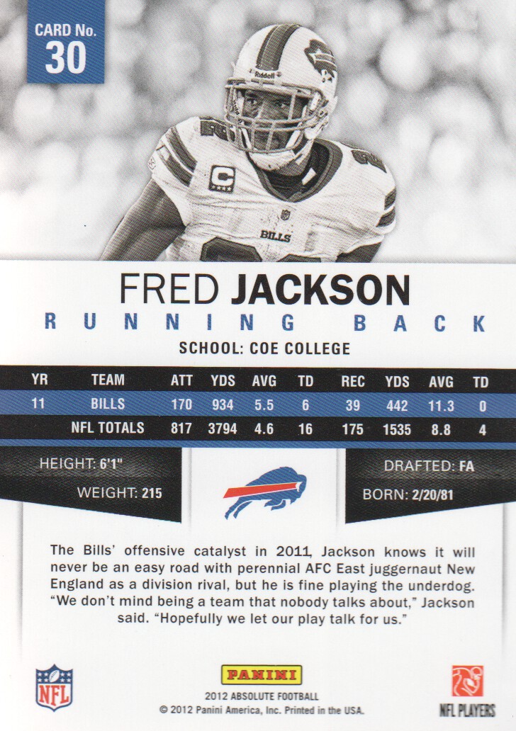 2012 Absolute #30 Fred Jackson back image