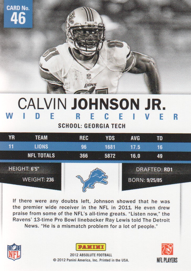 2012 Absolute #46 Calvin Johnson back image