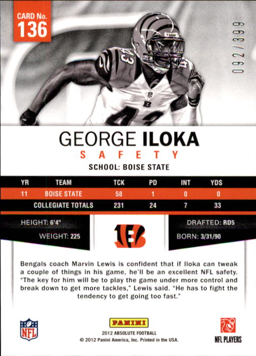 2012 Absolute #136 George Iloka RC back image