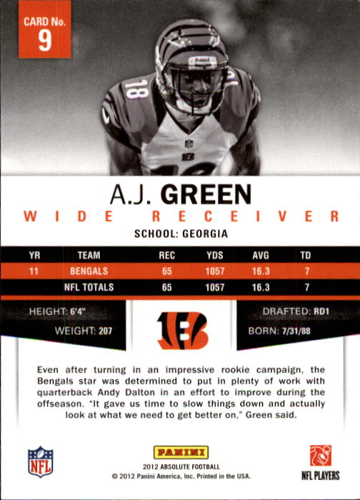 2012 Absolute Retail #9 A.J. Green back image