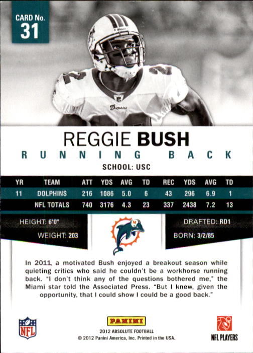 2012 Absolute Retail #31 Reggie Bush back image