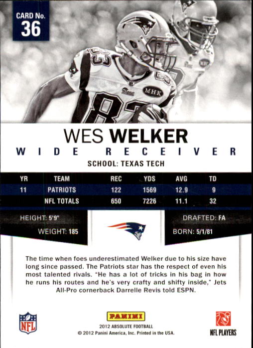 2012 Absolute Retail #36 Wes Welker back image