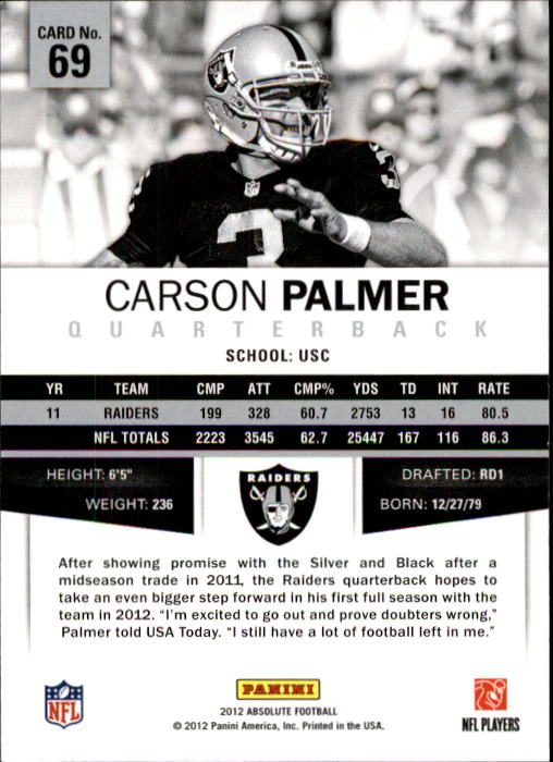 2012 Absolute Retail #69 Carson Palmer back image