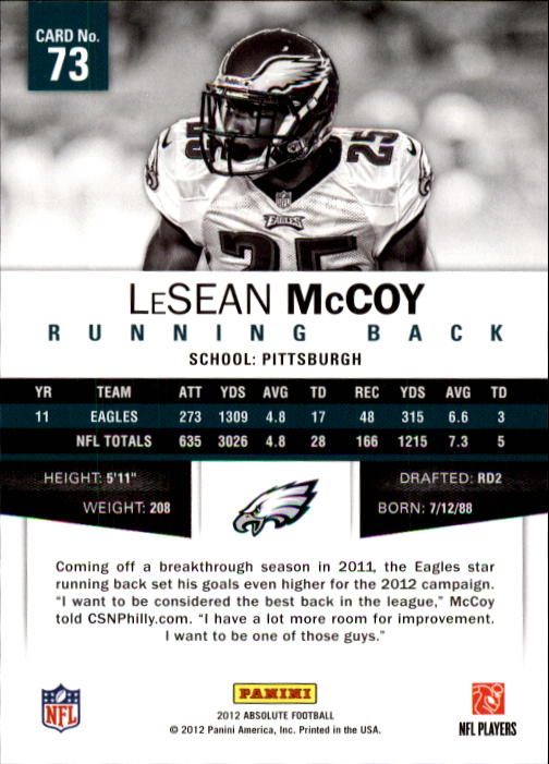 2012 Absolute Retail #73 LeSean McCoy back image