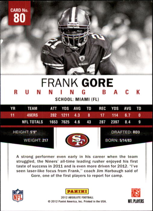 2012 Absolute Retail #80 Frank Gore back image