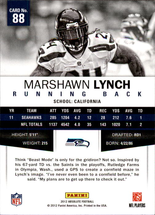 2012 Absolute Retail #88 Marshawn Lynch back image