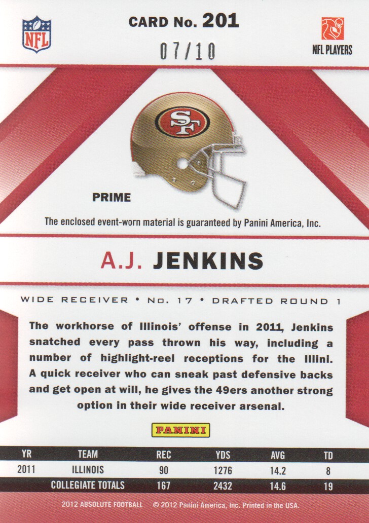 2012 Absolute Rookie Premiere Materials Oversize Jersey Number Prime #201 A.J. Jenkins/10 back image