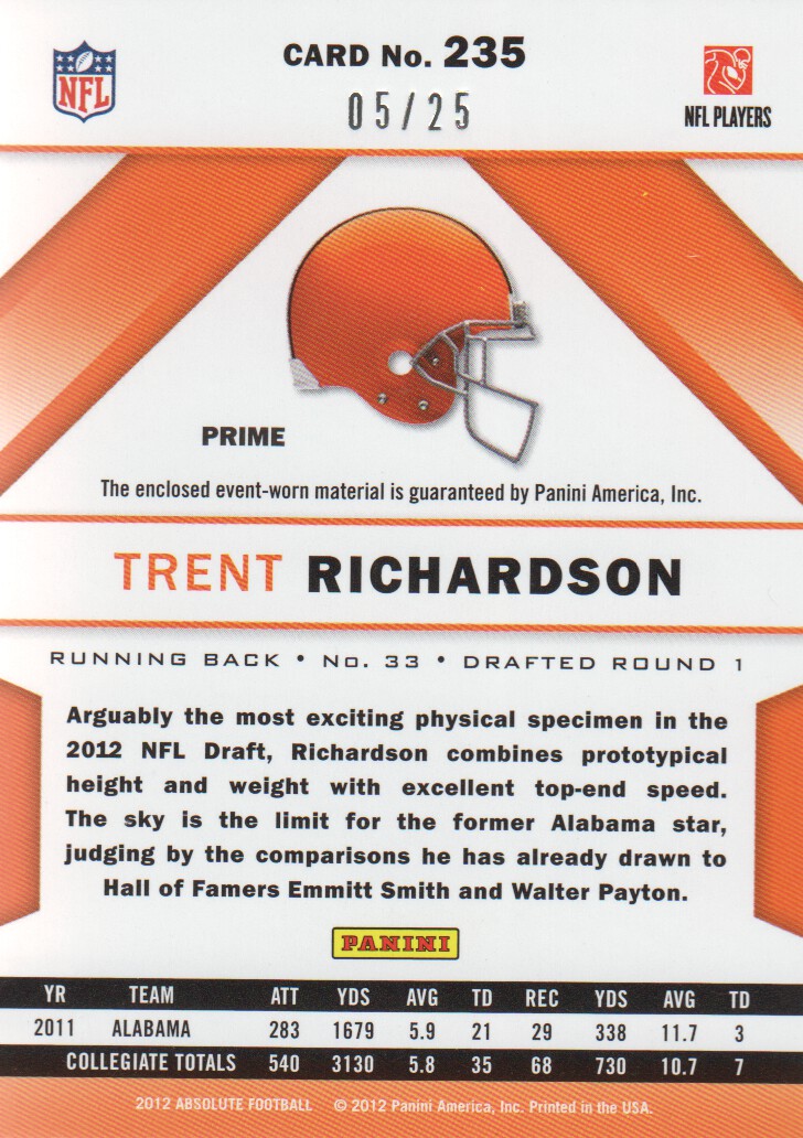 2012 Absolute Rookie Premiere Materials Oversize Prime #235 Trent Richardson back image