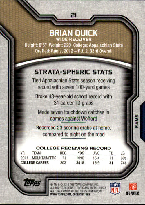 2012 Topps Strata #21 Brian Quick RC back image