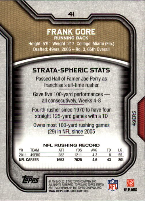 2012 Topps Strata #41 Frank Gore back image