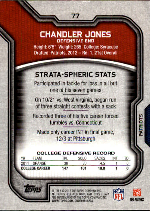 2012 Topps Strata #77 Chandler Jones RC back image