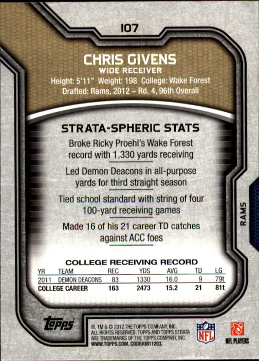 2012 Topps Strata #107 Chris Givens RC back image