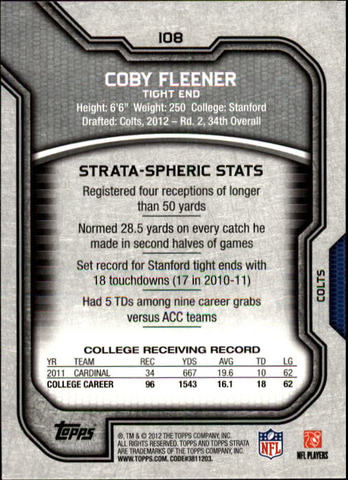 2012 Topps Strata #108 Coby Fleener RC back image