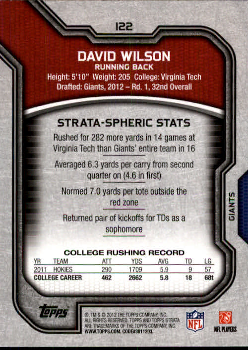2012 Topps Strata #122 David Wilson RC back image