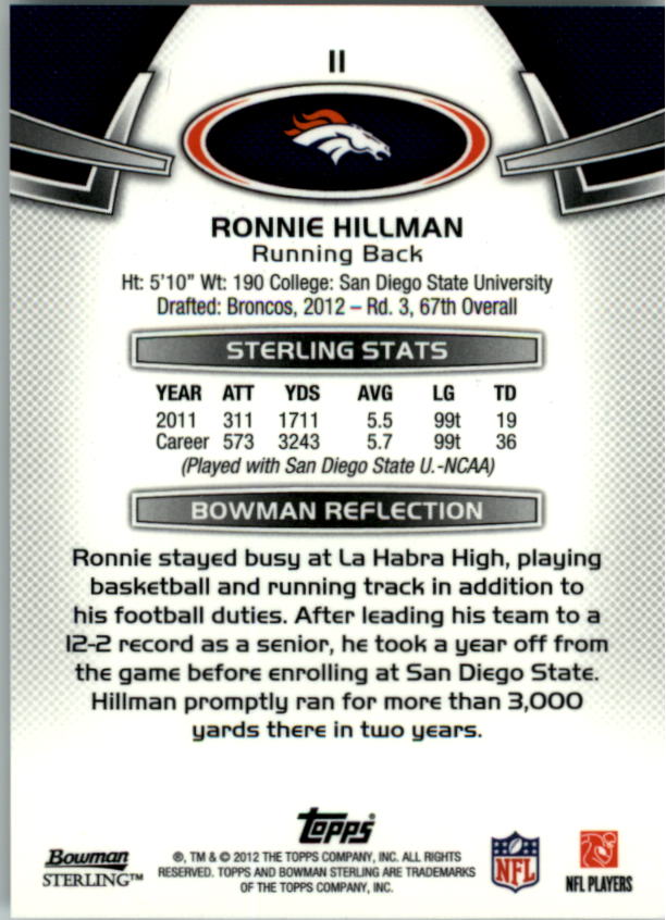2012 Bowman Sterling #11 Ronnie Hillman RC back image