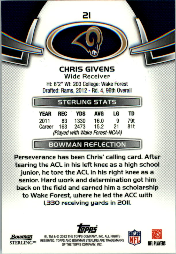 2012 Bowman Sterling #21 Chris Givens RC back image