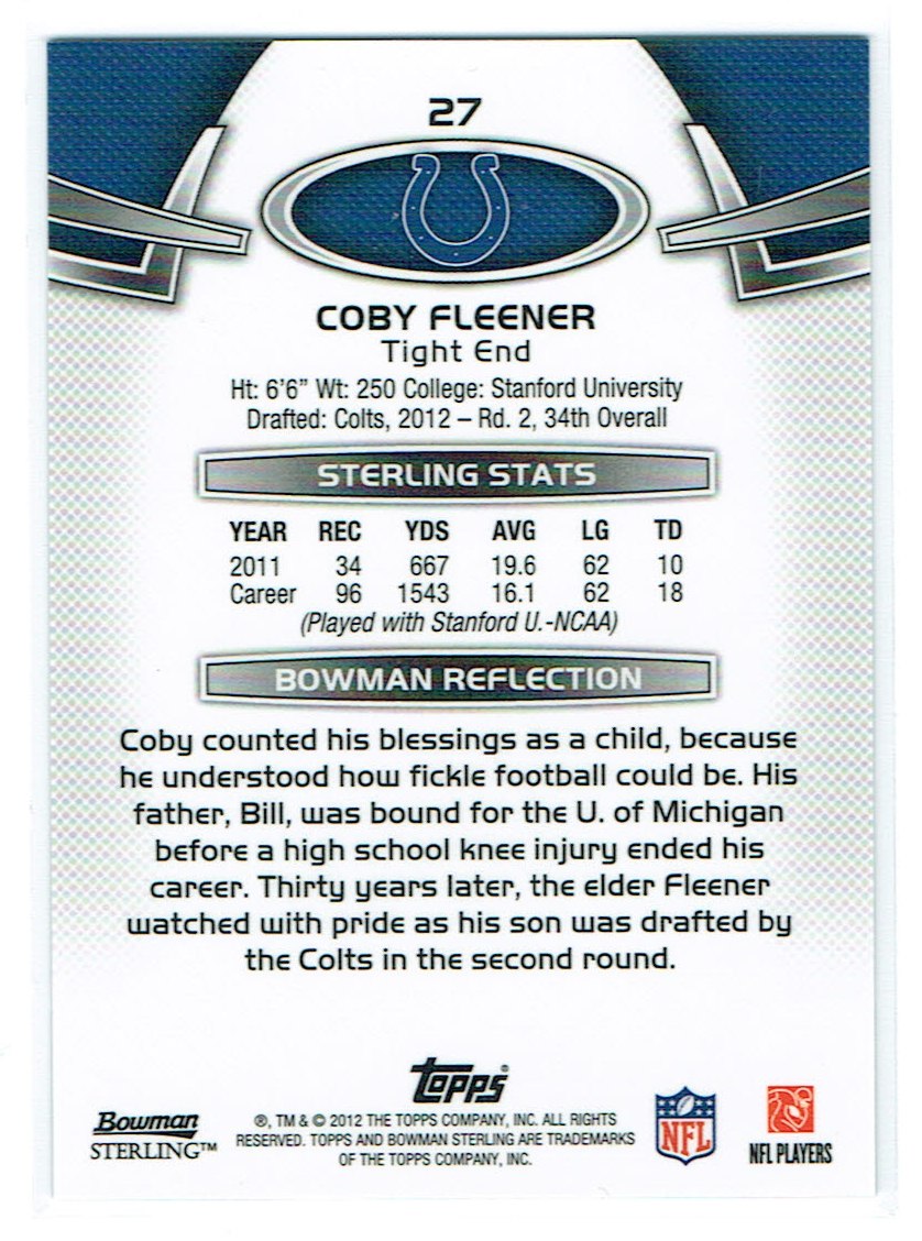 2012 Bowman Sterling #27 Coby Fleener RC back image