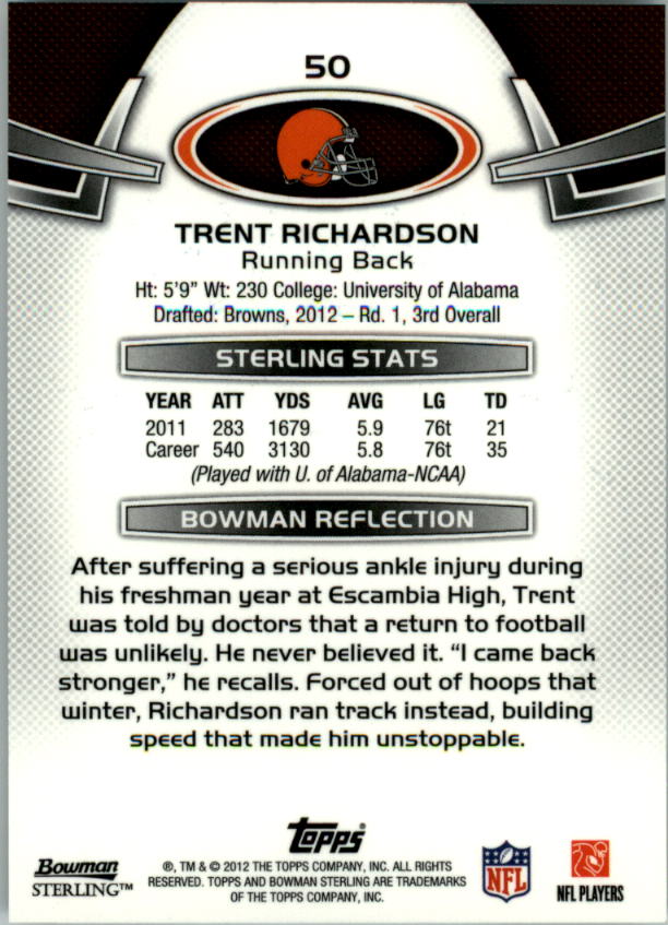 2012 Bowman Sterling #50 Trent Richardson RC back image