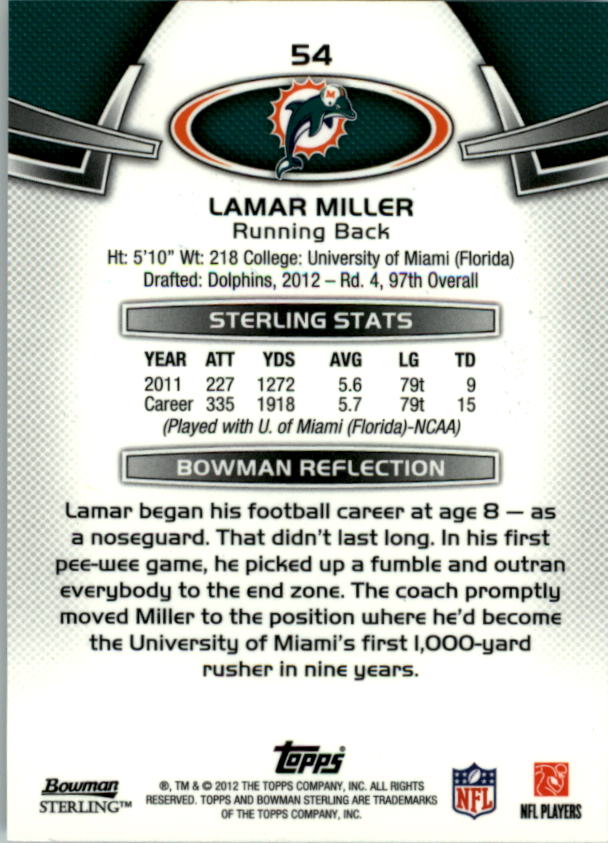 2012 Bowman Sterling #54 Lamar Miller RC back image