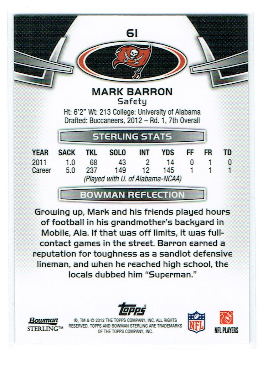 2012 Bowman Sterling #61 Mark Barron RC back image