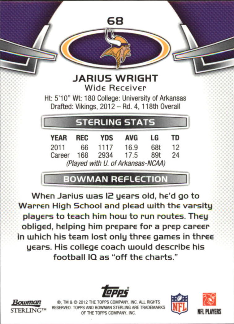 2012 Bowman Sterling #68 Jarius Wright RC back image