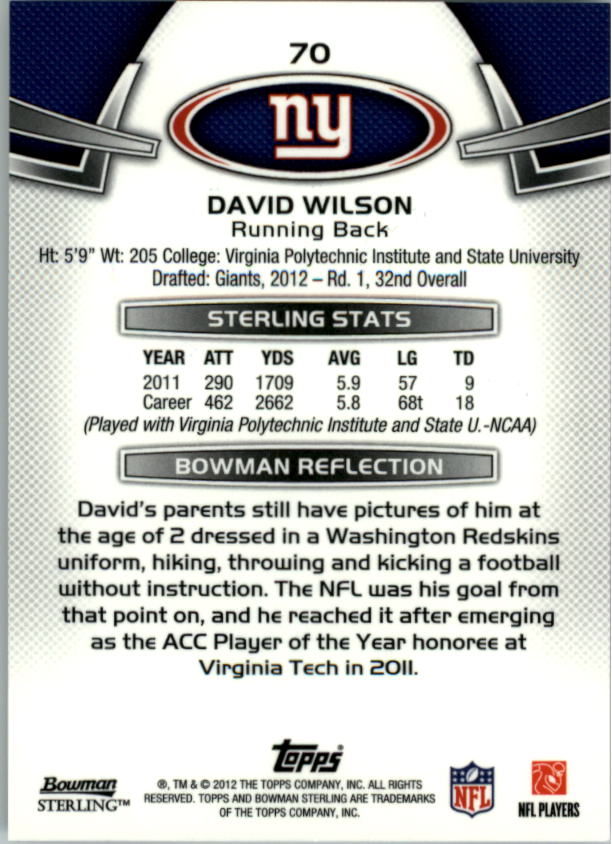 2012 Bowman Sterling #70 David Wilson RC back image