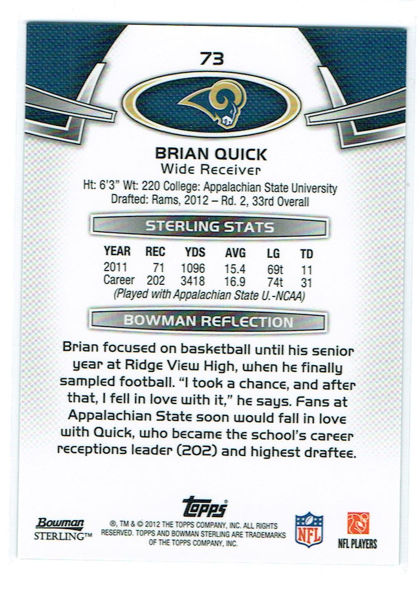 2012 Bowman Sterling #73 Brian Quick RC back image