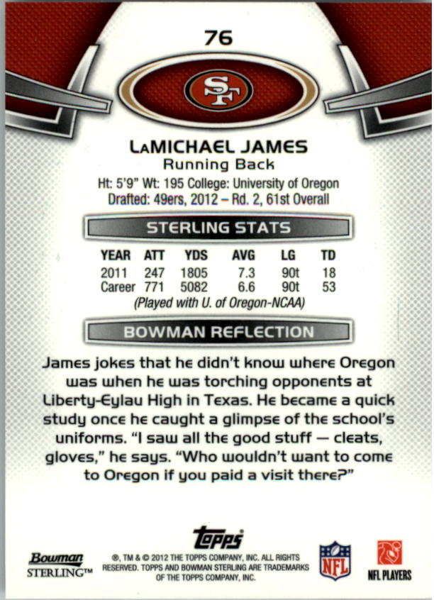 2012 Bowman Sterling #76 LaMichael James RC back image