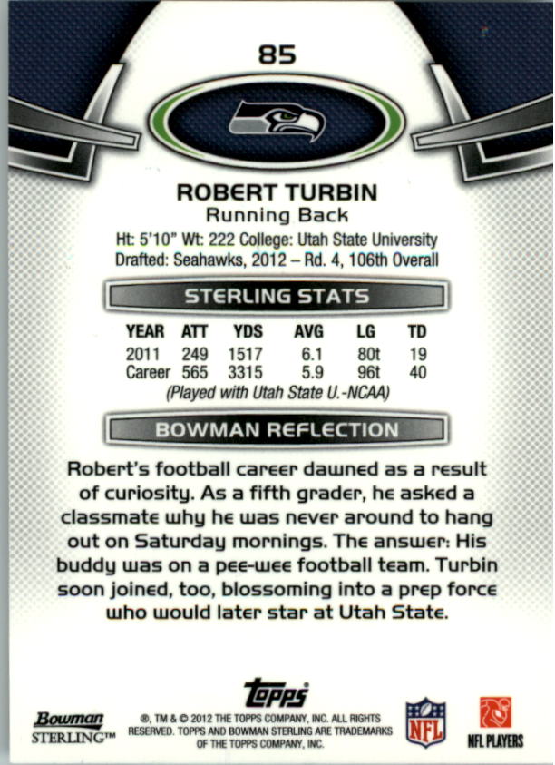2012 Bowman Sterling #85 Robert Turbin RC back image