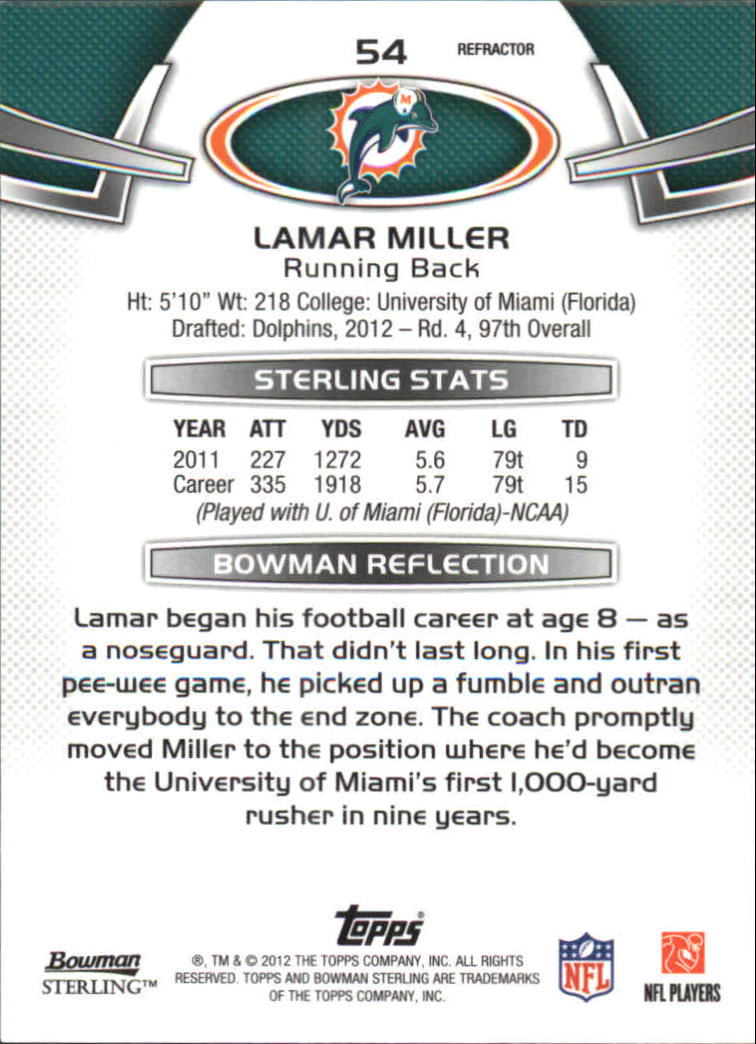 2012 Bowman Sterling Blue Refractors #54 Lamar Miller back image