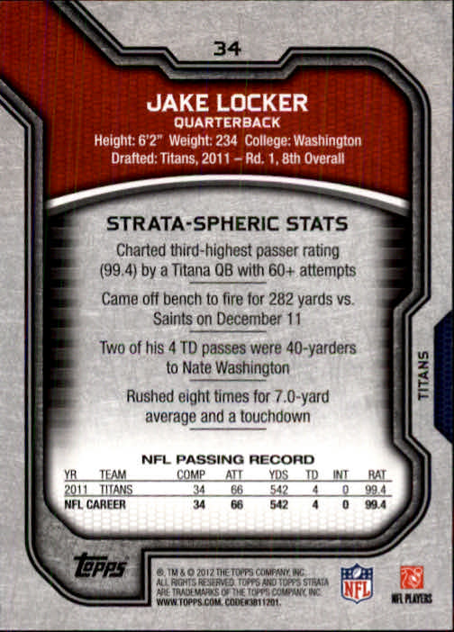 2012 Topps Strata Retail #34 Jake Locker back image