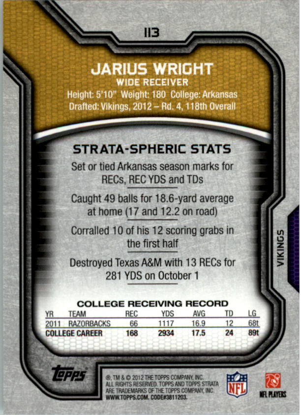 2012 Topps Strata Retail #113 Jarius Wright RC back image